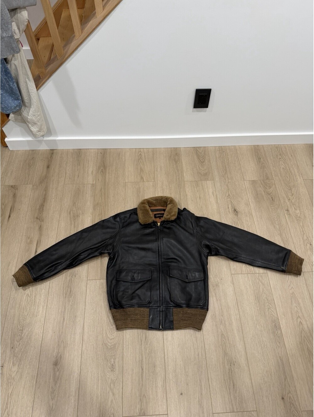 Quince Men's Shearling Collar Leather Flight Jacket Size Large Brown